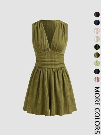 Women's Plain Ruched Deep V Neck Short Fitted Tank Romper