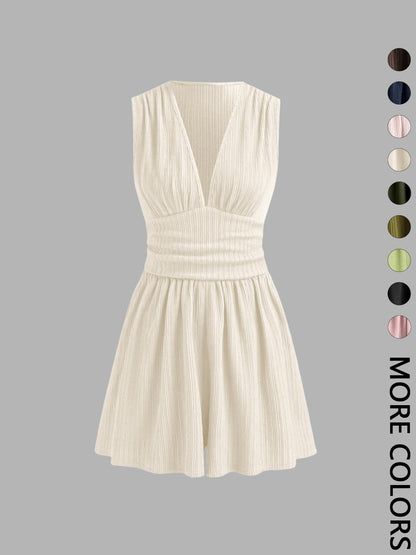 Women's Plain Ruched Deep V Neck Short Fitted Tank Romper