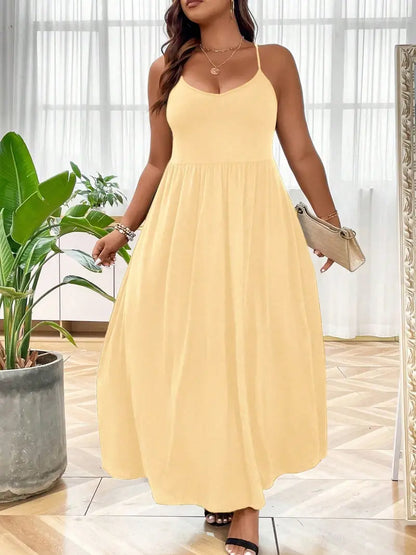 Plus Size Criss Cross Backless Cami Dress, Casual Solid Sleeveless Spaghetti Strap A-Line Dress for Summer, Women's Clothes for Party Holiday Womenswear