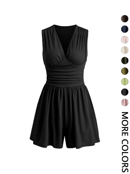 Women's Plain Ruched Deep V Neck Short Fitted Tank Romper