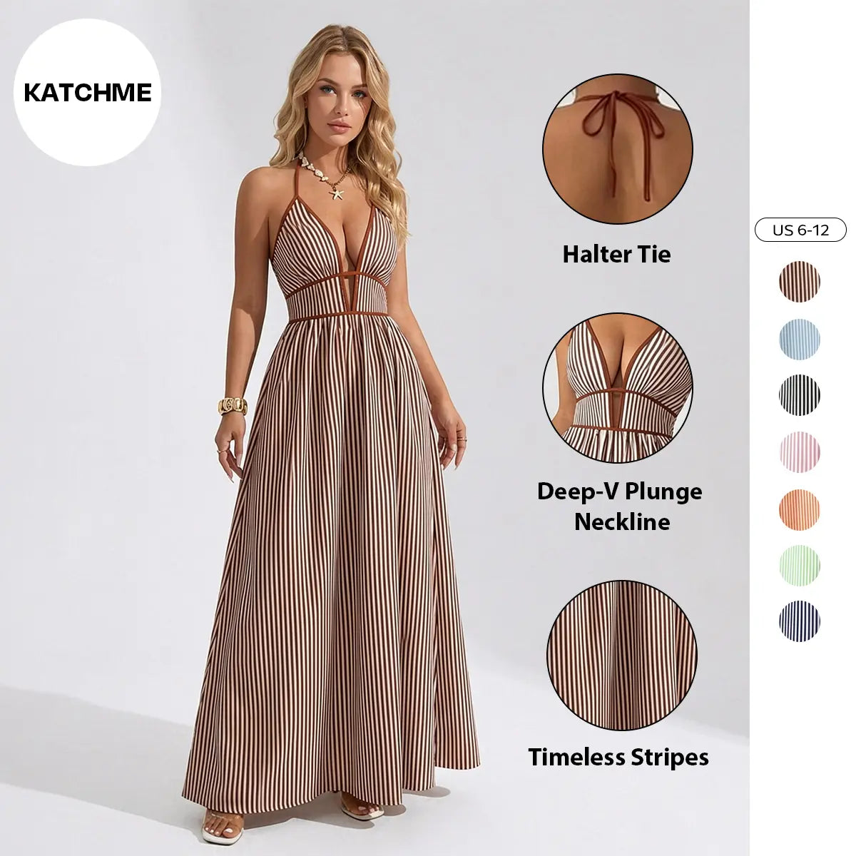 Women's Elegant Pinstripe Deep V Neckline Adjustable Halter Maxi Dress