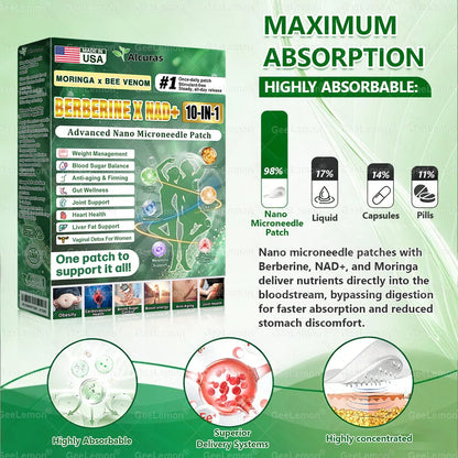 Alcuras® Moringa · Berberine × NAD+ 𝟏𝟎-𝐢𝐧-𝟏 𝐀𝐝𝐯𝐚𝐧𝐜𝐞𝐝 𝐍𝐚𝐧𝐨 𝐌𝐢𝐜𝐫𝐨𝐧𝐞𝐞𝐝𝐥𝐞 𝐏𝐚𝐭𝐜𝐡 — 𝐎𝐧𝐜𝐞 𝐃𝐚𝐢𝐥𝐲, 𝐕𝐢𝐬𝐢𝐛𝐥𝐞 𝐑𝐞𝐬𝐮𝐥𝐭𝐬 𝐢𝐧 𝟕 𝐃𝐚𝐲𝐬