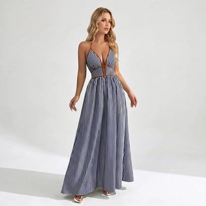 Women's Elegant Pinstripe Deep V Neckline Adjustable Halter Maxi Dress
