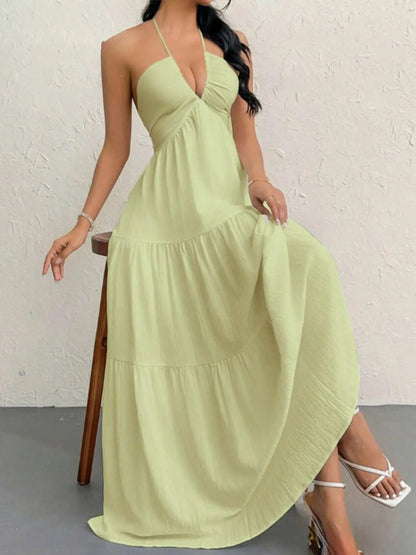 Women's solid color dress, casual and loose sleeveless dress, suitable for beach vacation.