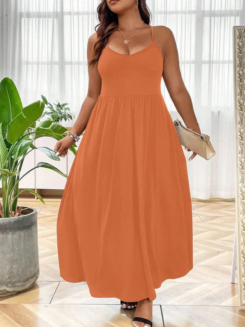 Plus Size Criss Cross Backless Cami Dress, Casual Solid Sleeveless Spaghetti Strap A-Line Dress for Summer, Women's Clothes for Party Holiday Womenswear