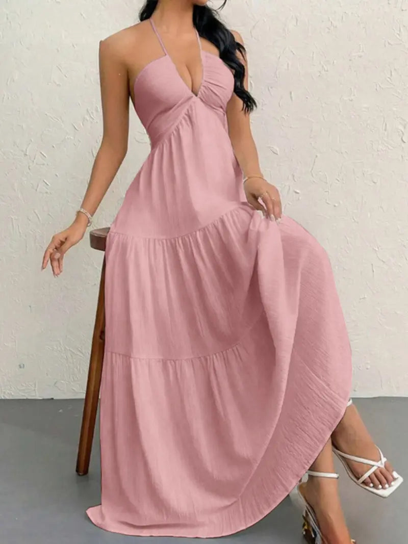 Women's solid color dress, casual and loose sleeveless dress, suitable for beach vacation.