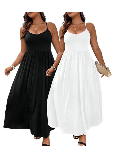 Plus Size Criss Cross Backless Cami Dress, Casual Solid Sleeveless Spaghetti Strap A-Line Dress for Summer, Women's Clothes for Party Holiday Womenswear