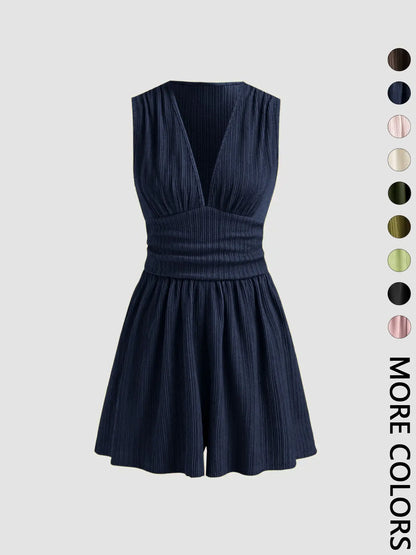 Women's Plain Ruched Deep V Neck Short Fitted Tank Romper