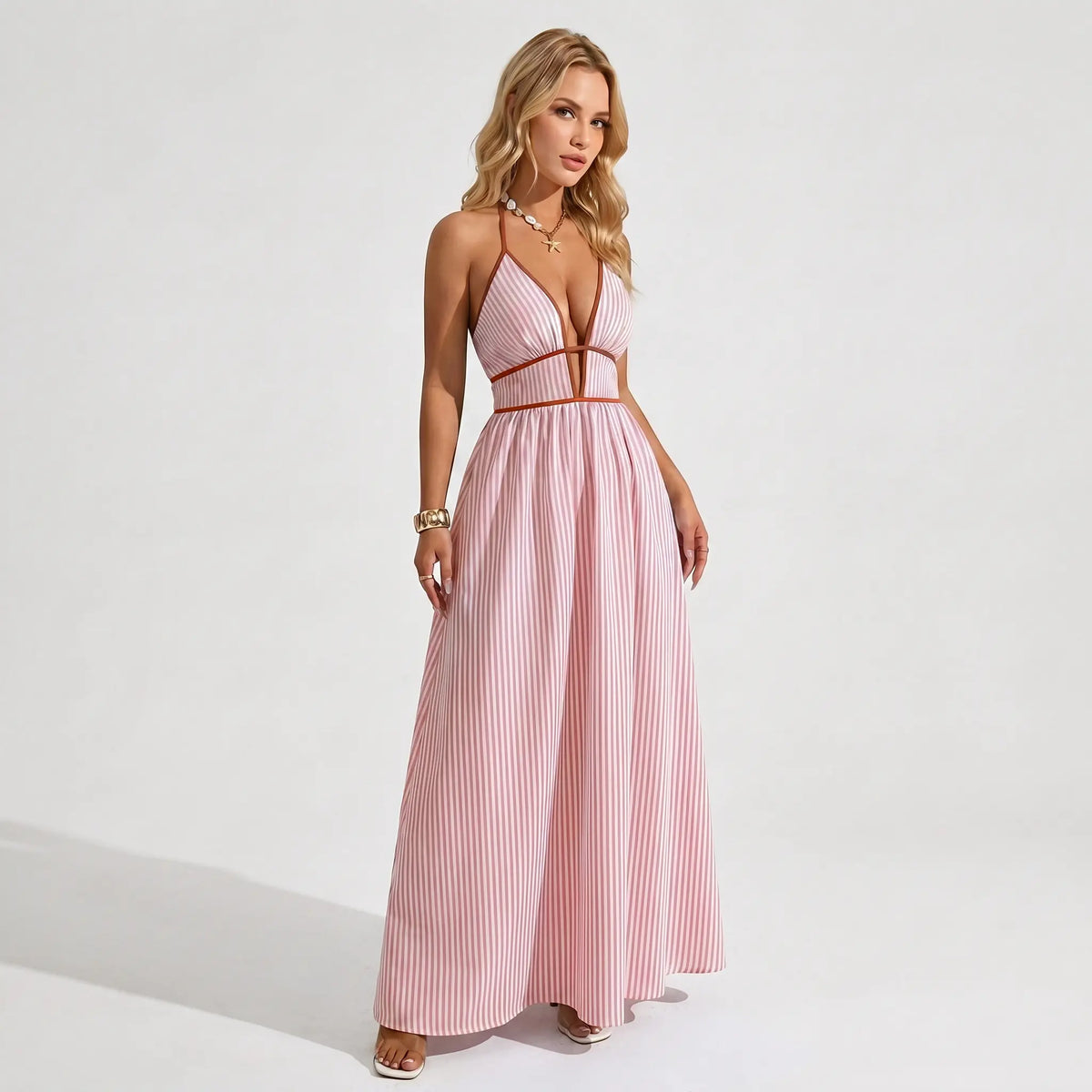 Women's Elegant Pinstripe Deep V Neckline Adjustable Halter Maxi Dress