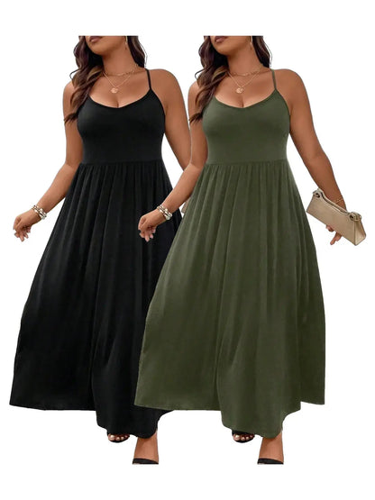 Plus Size Criss Cross Backless Cami Dress, Casual Solid Sleeveless Spaghetti Strap A-Line Dress for Summer, Women's Clothes for Party Holiday Womenswear