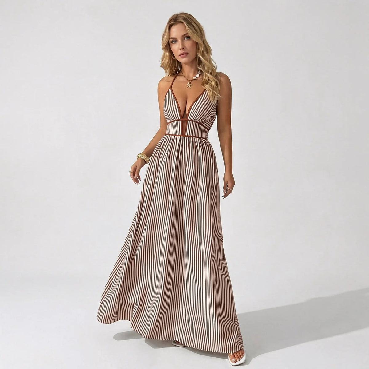 Women's Elegant Pinstripe Deep V Neckline Adjustable Halter Maxi Dress