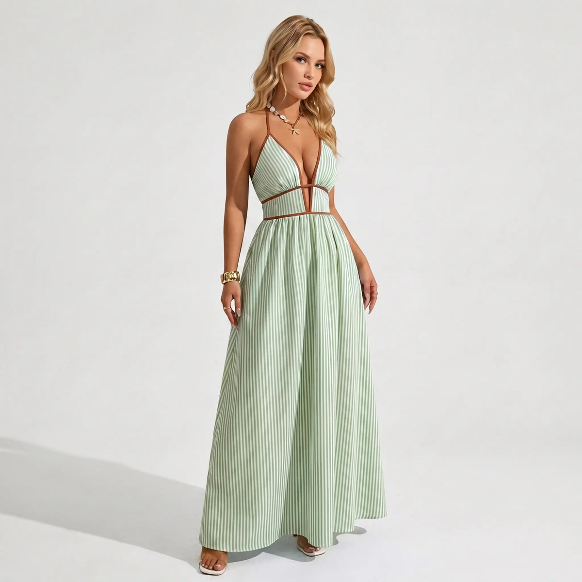 Women's Elegant Pinstripe Deep V Neckline Adjustable Halter Maxi Dress