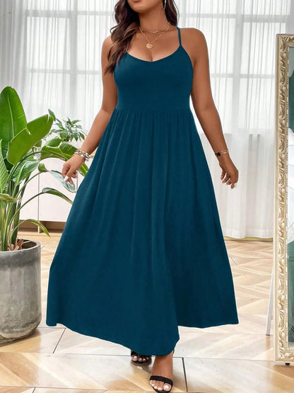 Plus Size Criss Cross Backless Cami Dress, Casual Solid Sleeveless Spaghetti Strap A-Line Dress for Summer, Women's Clothes for Party Holiday Womenswear
