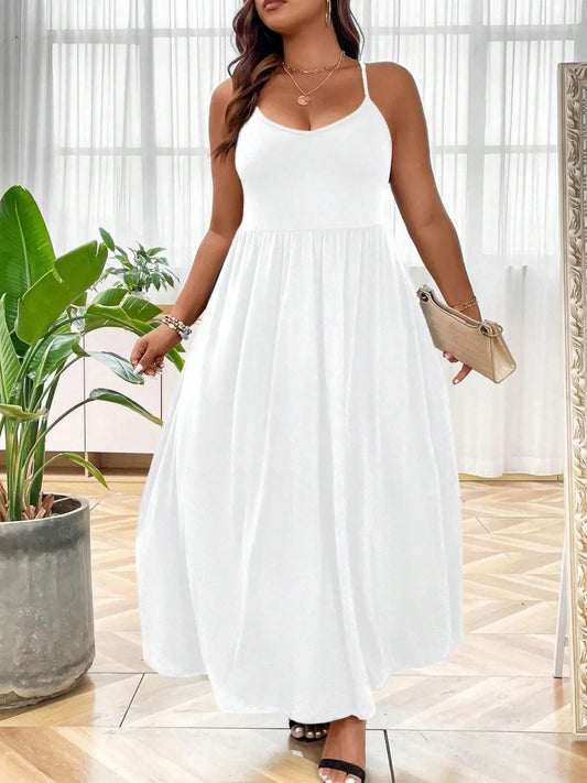 Plus Size Criss Cross Backless Cami Dress, Casual Solid Sleeveless Spaghetti Strap A-Line Dress for Summer, Women's Clothes for Party Holiday Womenswear