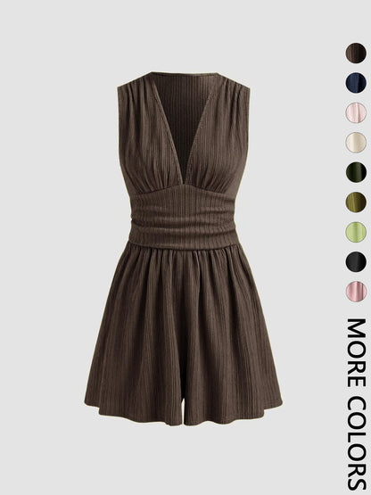 Women's Plain Ruched Deep V Neck Short Fitted Tank Romper