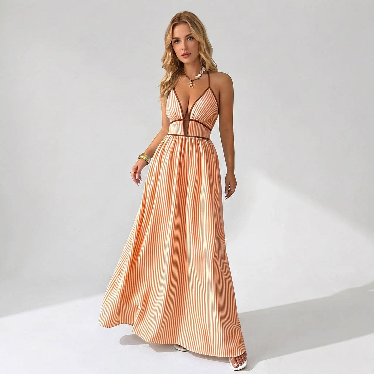 Women's Elegant Pinstripe Deep V Neckline Adjustable Halter Maxi Dress