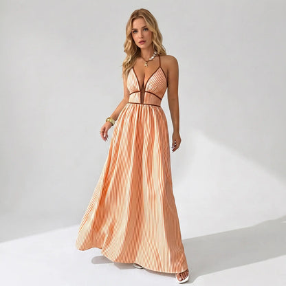 Women's Elegant Pinstripe Deep V Neckline Adjustable Halter Maxi Dress