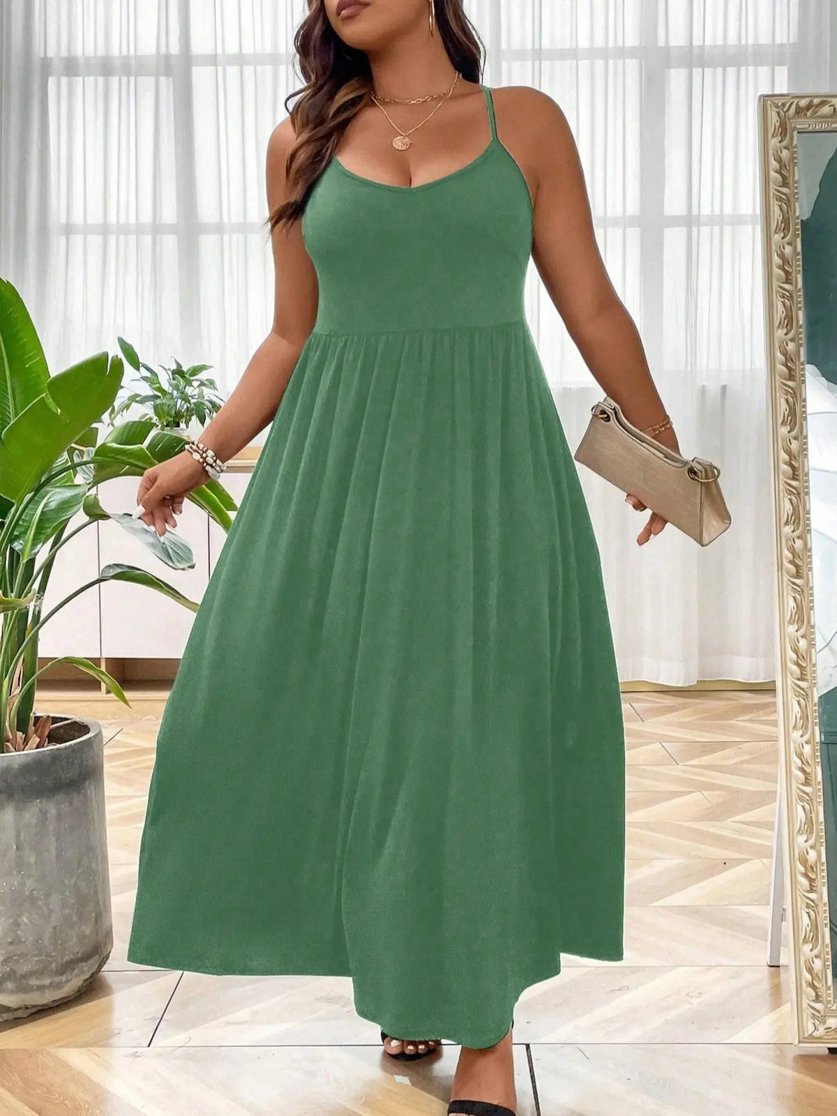 Plus Size Criss Cross Backless Cami Dress, Casual Solid Sleeveless Spaghetti Strap A-Line Dress for Summer, Women's Clothes for Party Holiday Womenswear