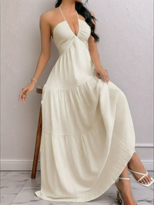 Women's solid color dress, casual and loose sleeveless dress, suitable for beach vacation.