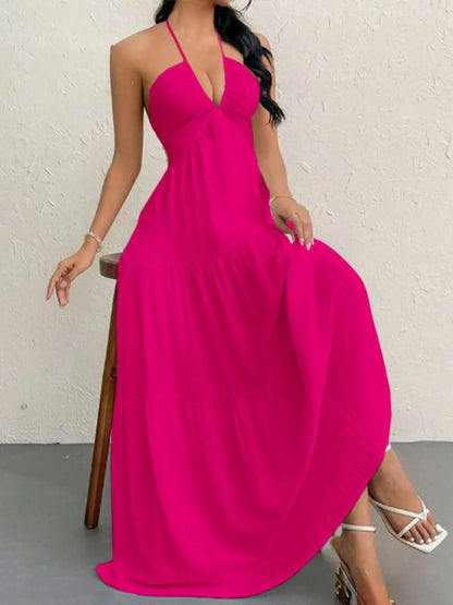 Women's solid color dress, casual and loose sleeveless dress, suitable for beach vacation.