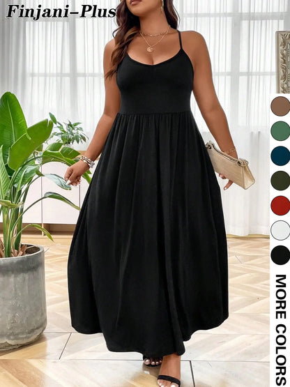 Plus Size Criss Cross Backless Cami Dress, Casual Solid Sleeveless Spaghetti Strap A-Line Dress for Summer, Women's Clothes for Party Holiday Womenswear