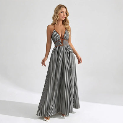 Women's Elegant Pinstripe Deep V Neckline Adjustable Halter Maxi Dress