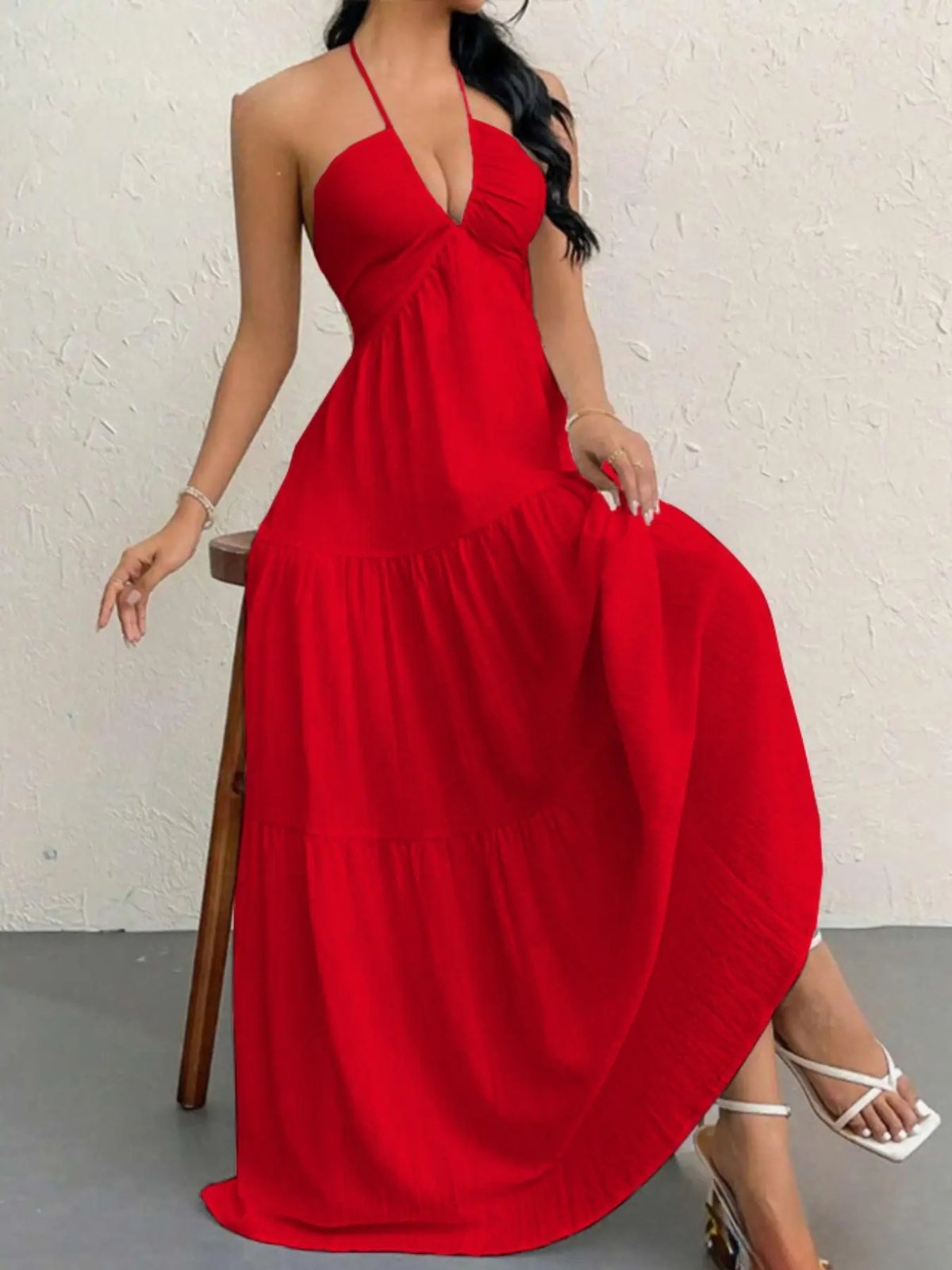 Women's solid color dress, casual and loose sleeveless dress, suitable for beach vacation.