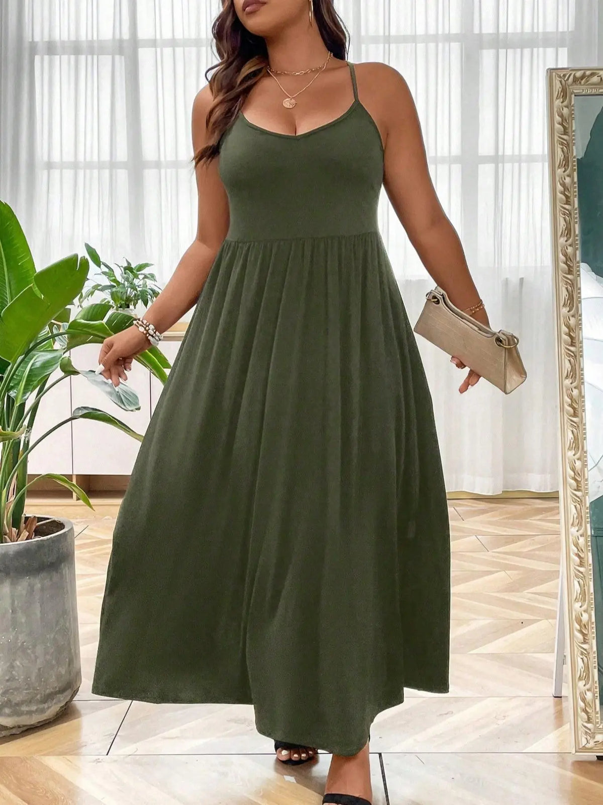 Plus Size Criss Cross Backless Cami Dress, Casual Solid Sleeveless Spaghetti Strap A-Line Dress for Summer, Women's Clothes for Party Holiday Womenswear