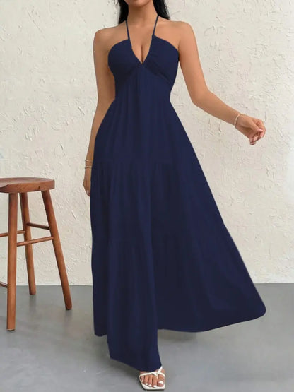 Women's solid color dress, casual and loose sleeveless dress, suitable for beach vacation.