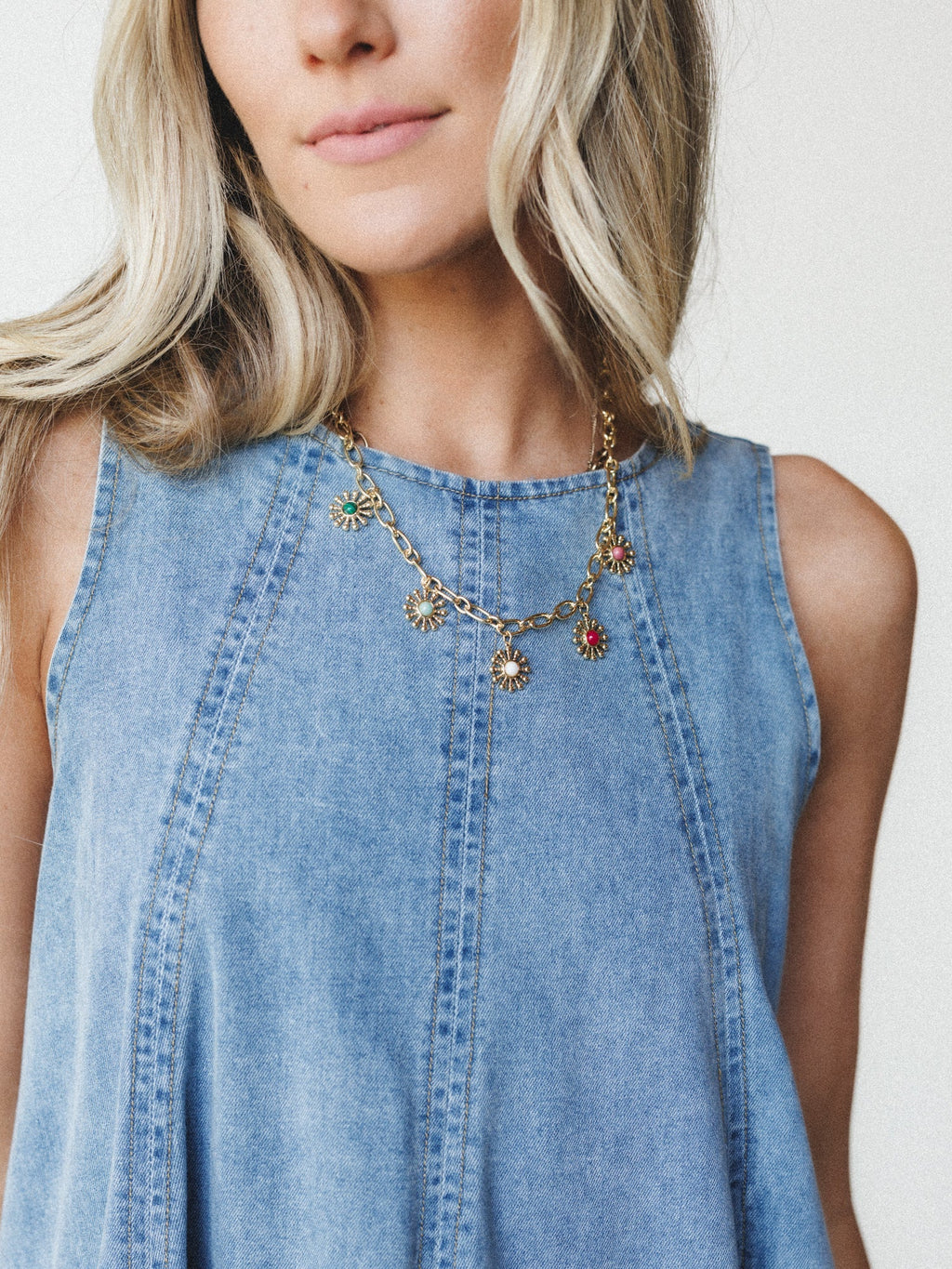 Flower Gem Charm Necklace - Multi