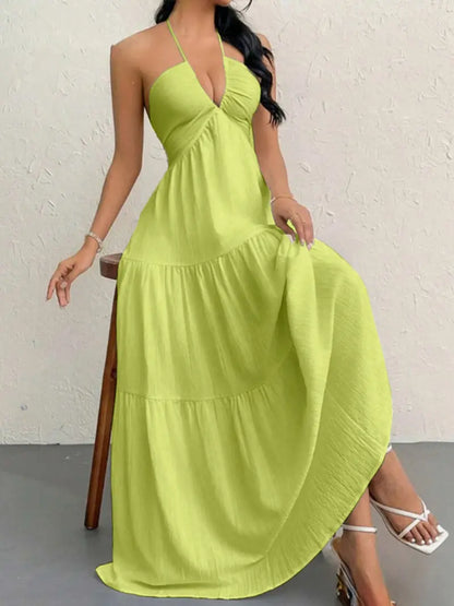 Women's solid color dress, casual and loose sleeveless dress, suitable for beach vacation.