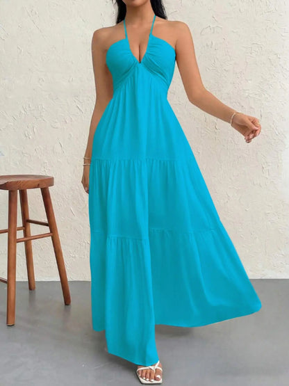 Women's solid color dress, casual and loose sleeveless dress, suitable for beach vacation.