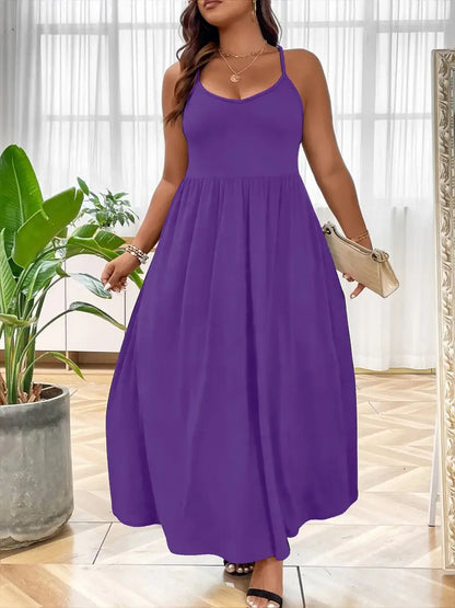 Plus Size Criss Cross Backless Cami Dress, Casual Solid Sleeveless Spaghetti Strap A-Line Dress for Summer, Women's Clothes for Party Holiday Womenswear