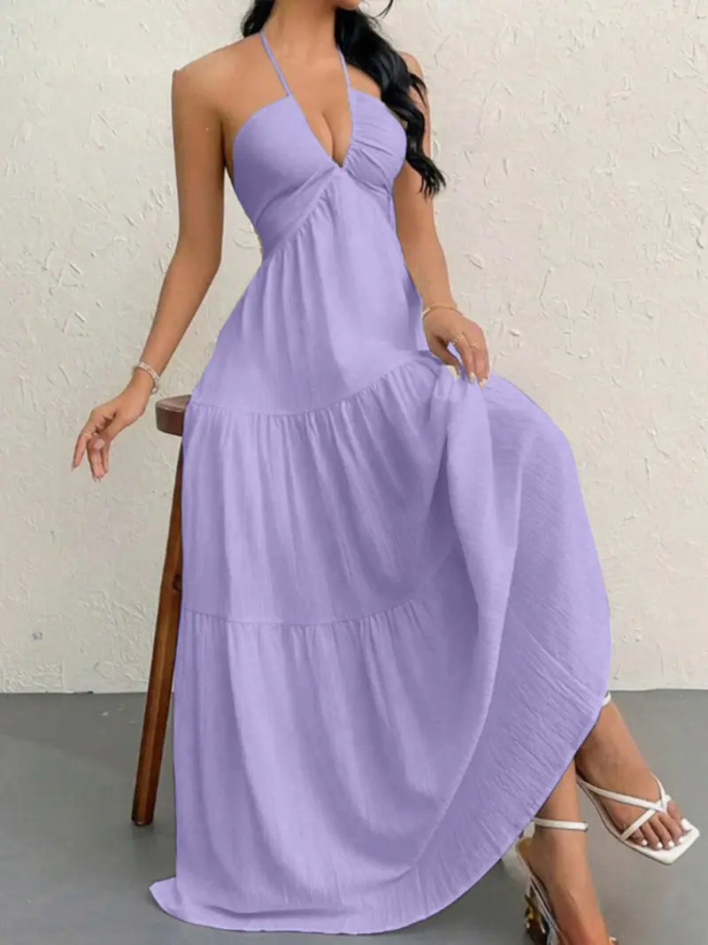 Women's solid color dress, casual and loose sleeveless dress, suitable for beach vacation.