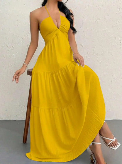 Women's solid color dress, casual and loose sleeveless dress, suitable for beach vacation.