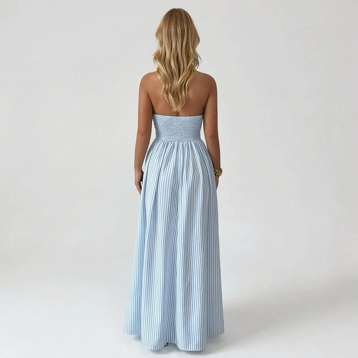 Women's Elegant Pinstripe Deep V Neckline Adjustable Halter Maxi Dress