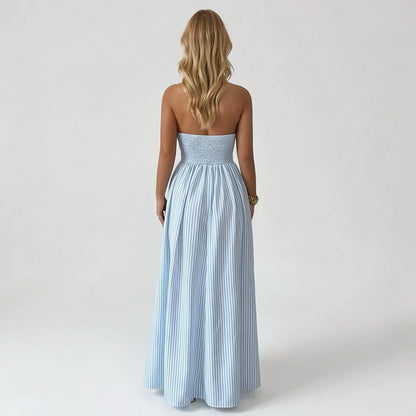 Women's Elegant Pinstripe Deep V Neckline Adjustable Halter Maxi Dress