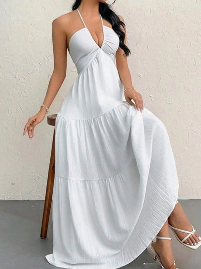 Women's solid color dress, casual and loose sleeveless dress, suitable for beach vacation.