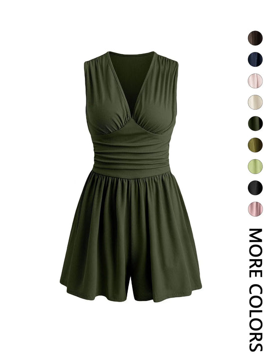 Women's Plain Ruched Deep V Neck Short Fitted Tank Romper