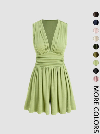Women's Plain Ruched Deep V Neck Short Fitted Tank Romper