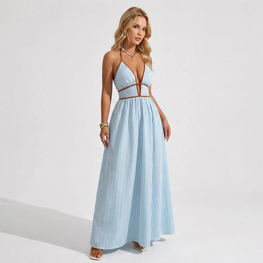 Women's Elegant Pinstripe Deep V Neckline Adjustable Halter Maxi Dress